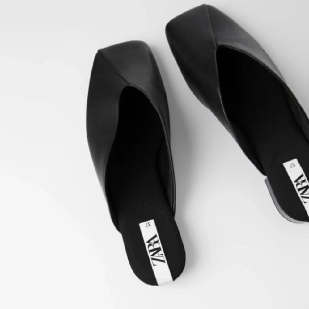 Zara squared toe flat soft leather mules TRF black NWT